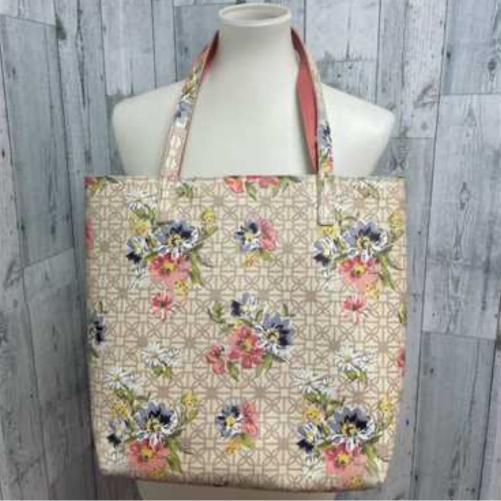 Blue Pink Daisy Flower Floral Trellis Vinyl Double Handle Tote! NWOT!